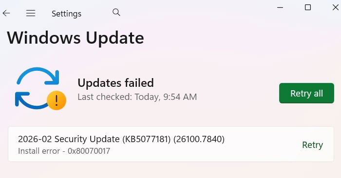 KB5077181 security update for Windows 11, 10 February, 2026 with install error.