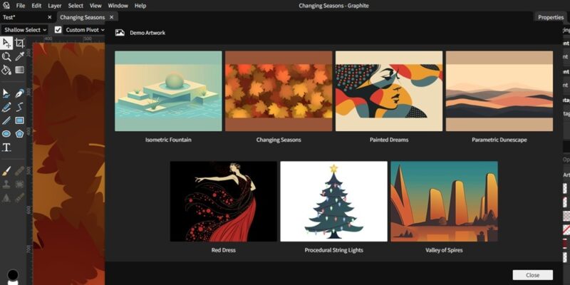 Choosing demo artwork in Graphite.
