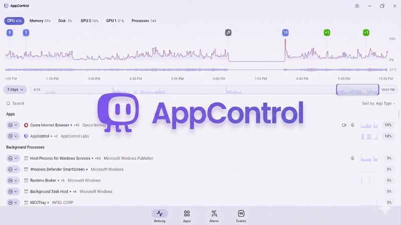 AppControl Interface with it's logo prominentally in the middle