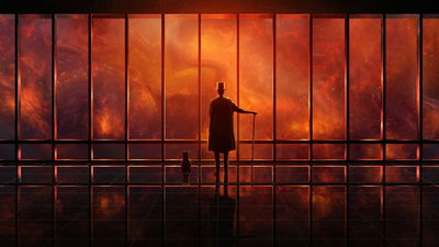 A man an a cat watching a red universe through a window