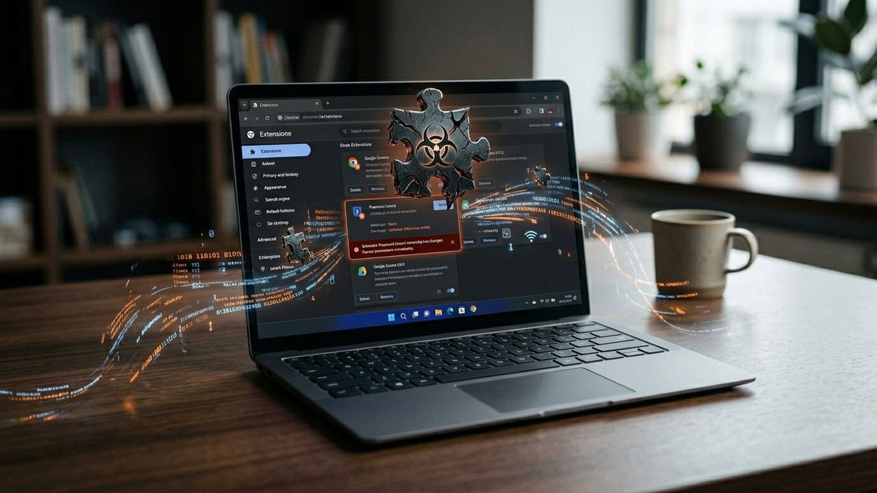 Laptop on a table with Chrome extensions page and a solid infect extension icon on display