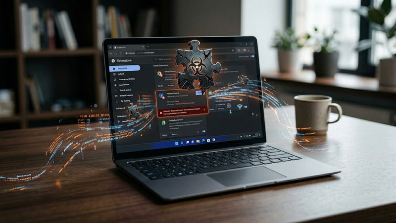 Laptop on a table with Chrome extensions page and a solid infect extension icon on display