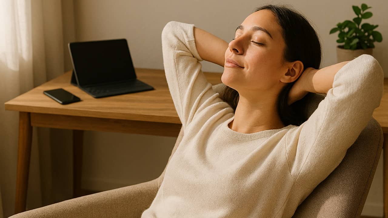 Woman relaxing during a daily digital detox with devices turned off in the background.