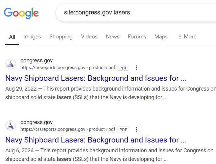 Using the "site:" operator in Google search for a website.