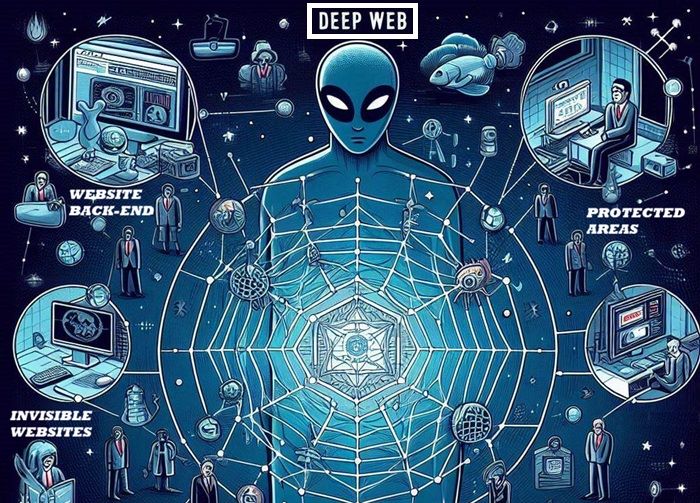 The various constituents of the deep web such as invisible websites, back-end websites, and protected areas.
