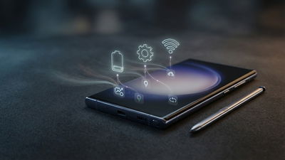 Phone on surface with holograms representing common phone tasks