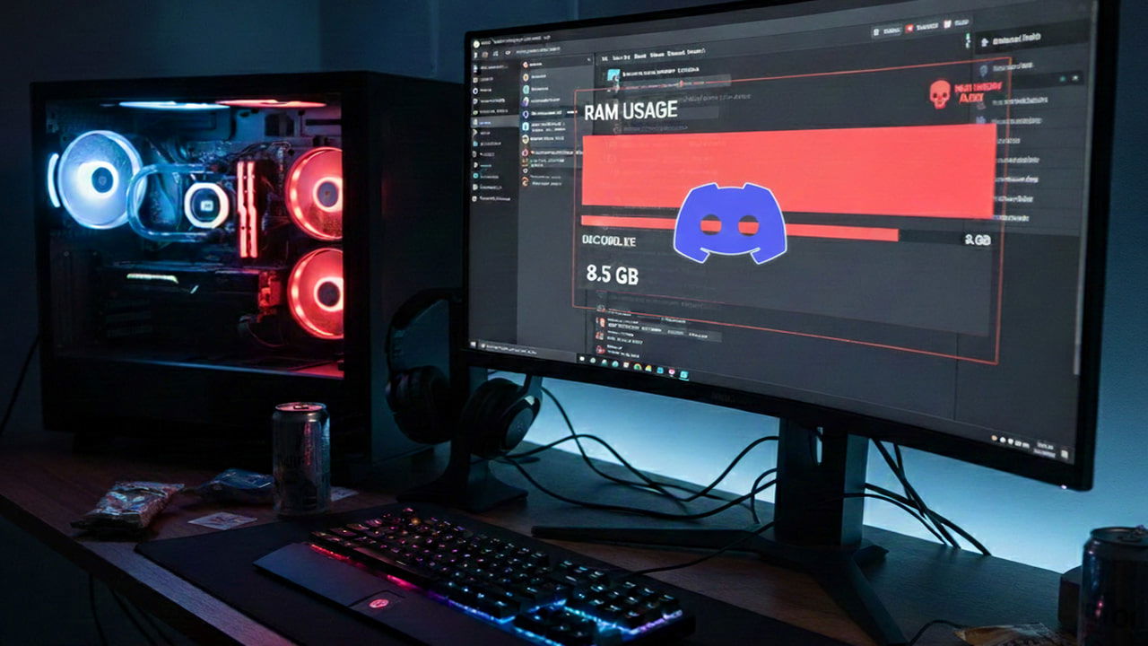 Desktop PC showing Discord interface with high RAM usage bar