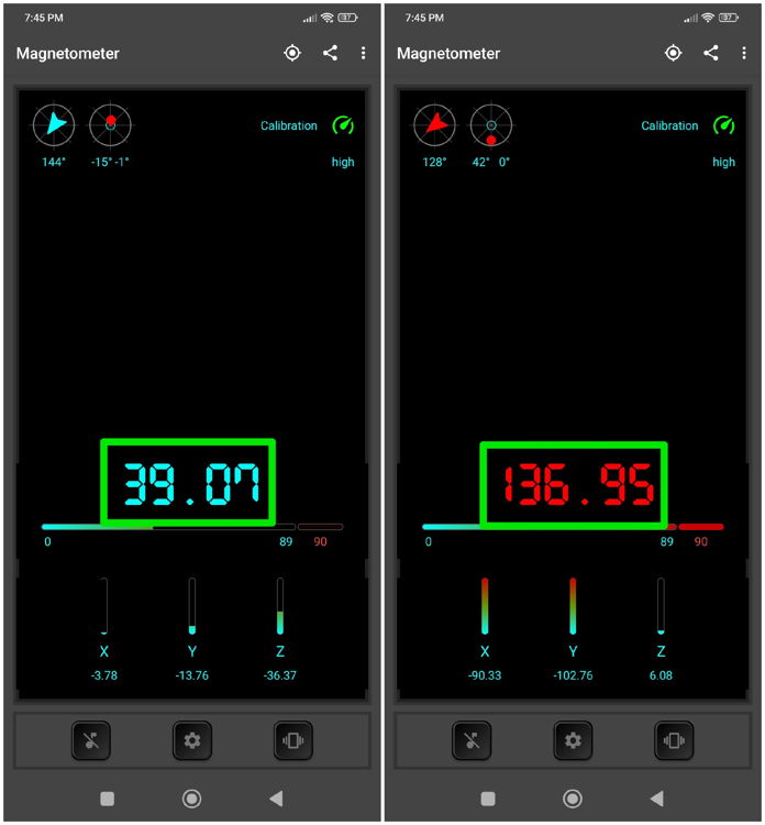 Reading on magnetometer showing magnetic field disturbance