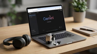 Laptop on a table with Gemini open and a broken puzzle box on keyboard