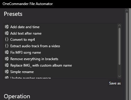 Options within OneCommander's File Automator.