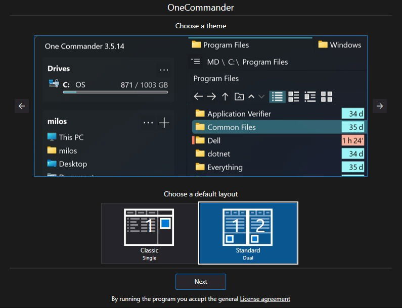 Choosing a layout for OneCommander.