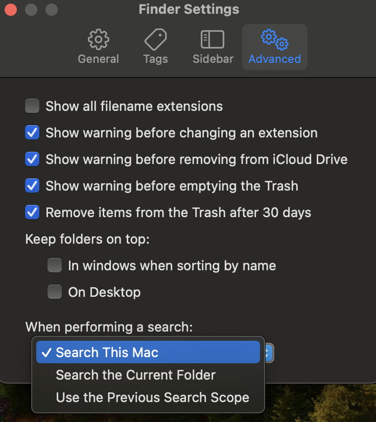 Finder Settings Search This Mac