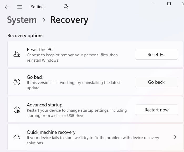 "Go back" option under Recovery in Windows. "Go back" option under Recovery in Windows 11.