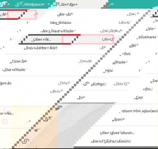 Opening a file using the menu bar.