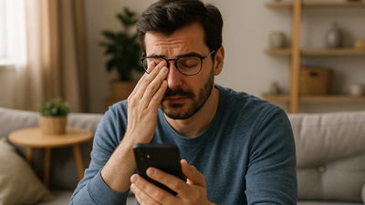 Man using a smartphone and rubbing his eyes to help with eye fatigue.