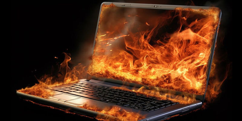 laptop with fire around it
