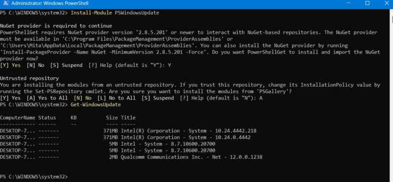 Get Windowsupdate command In PowerShell