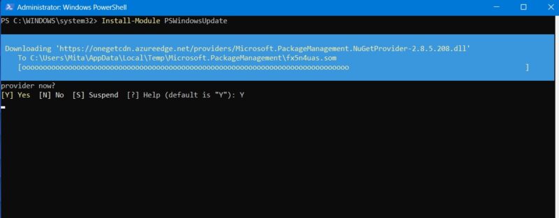 Installing NuGetprovider via PSWindowsUpdate in PowerShell window.