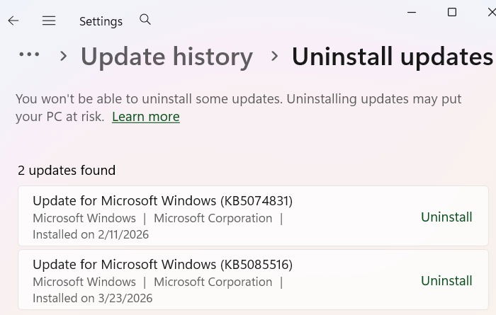 Uninstalling Windows 11 updates for February and March 2026.