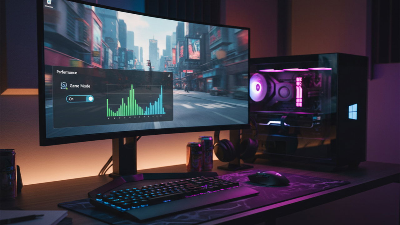 A gaming PC setup with display showing performance bars and game mode enabled