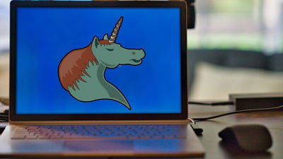 A photograph of a laptop with a blue screen.