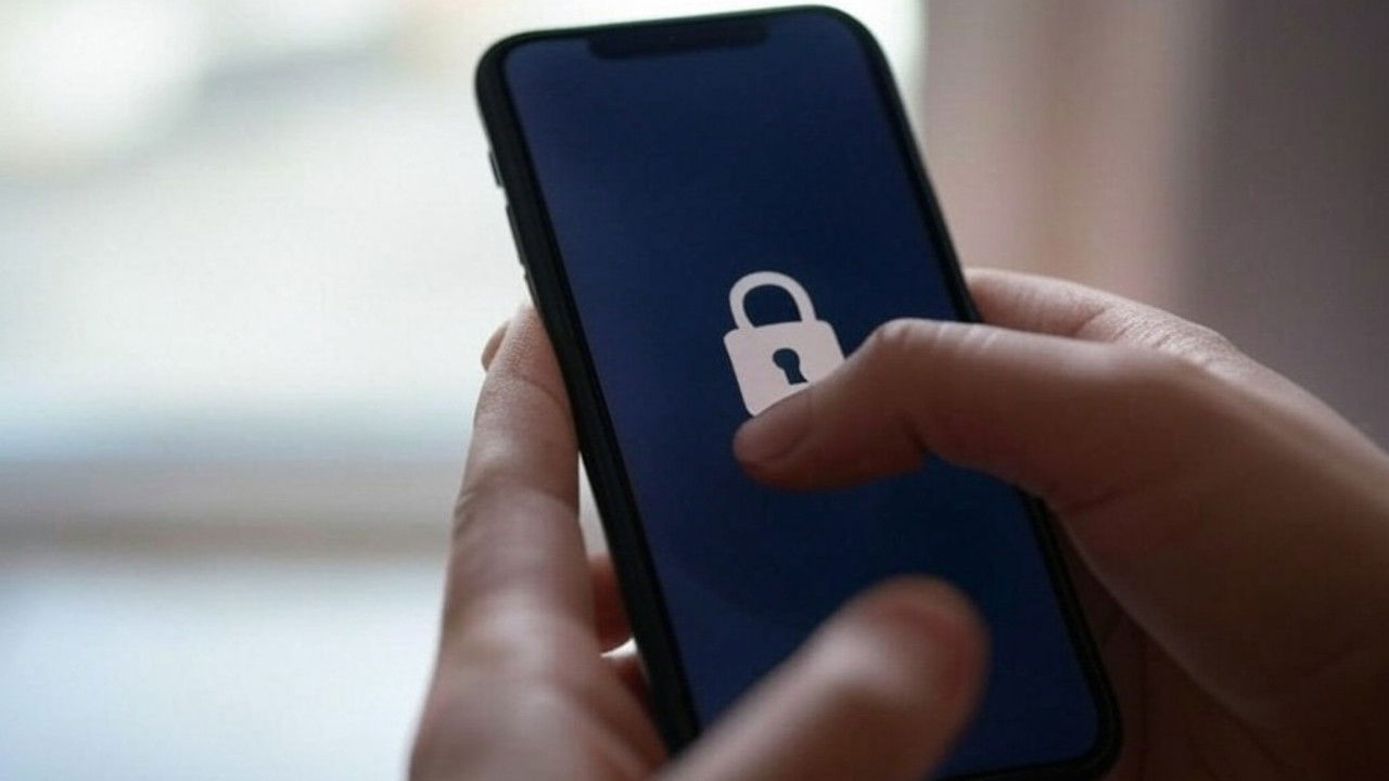 A picure of a person holding a phone displaying a padlock logo.