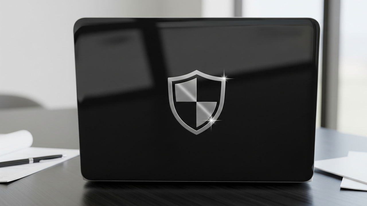 Back of a laptop on table with a shield logo