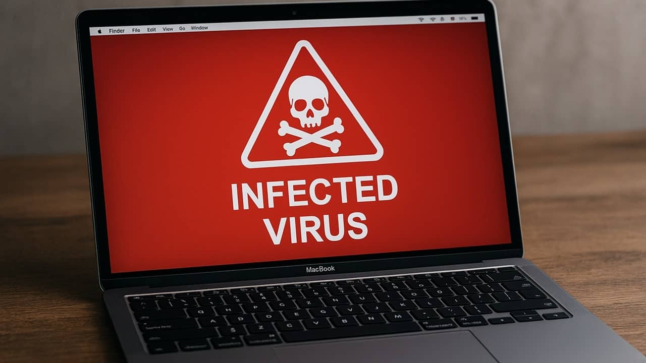 Image featuring a realistic MacBook with an infected virus sign on the screen.