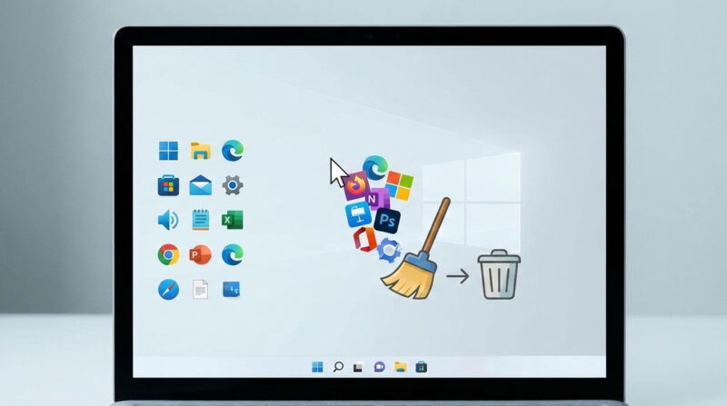 A laptop display showing bloatware apps and broom cleaning them