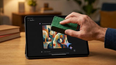Gemini on a tablet on a table showing art with gemini watermark. A hand width a duster cleaning it