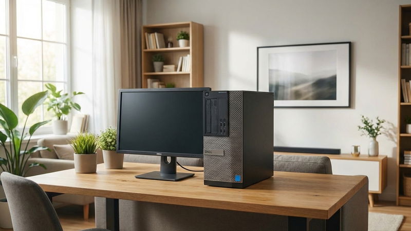 A dell tower desktop PC on a desk in a room