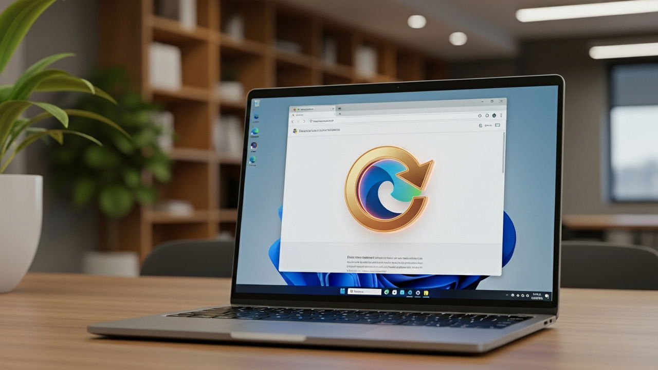 laptop on table with Microsoft edge in Windows 11