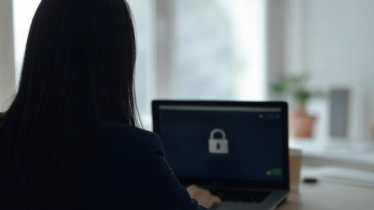 An image of a woman working in front of a laptop with the screen showing a lock icon.