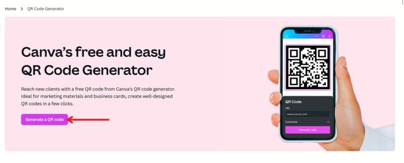 Clicking on "Generate a QR code" button in Canva on PC.