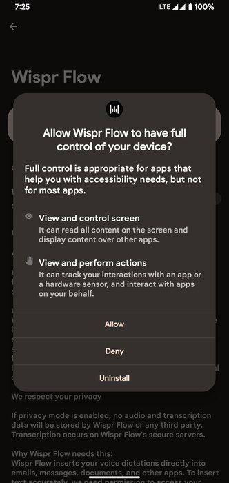 Select Allow Wispr Flow Permission