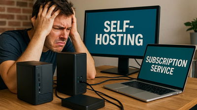 Frustrated person experiencing self-hosting cons versus using subscriptions.