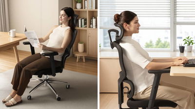 Woman sitting in Sihoo M56C chair.
