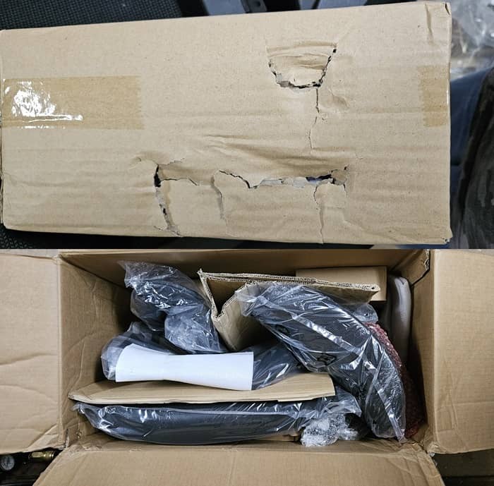 Poorly packaged chair and damaged box.