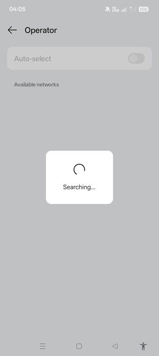 Manually searching for operator networks on an Android phone.