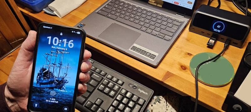 Charging a phone and Chromebook while also powering a monitor with the MOKiN docking station.