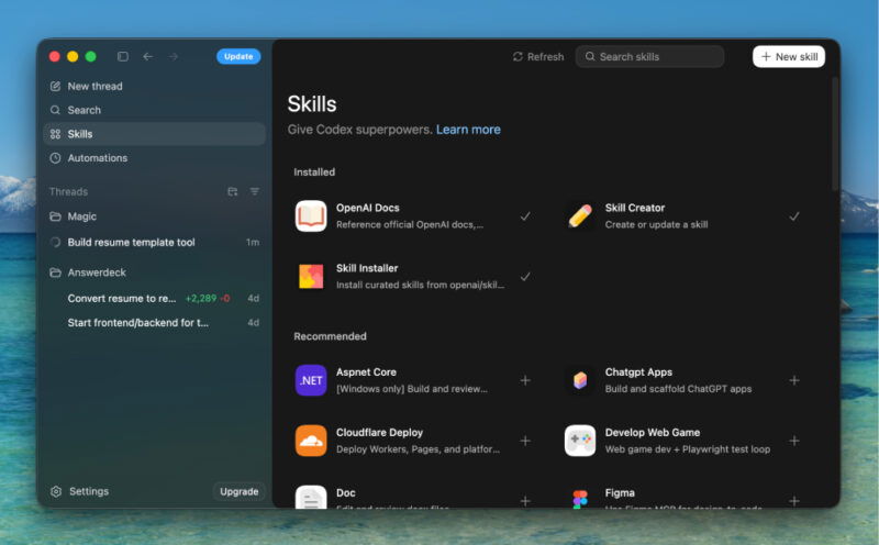 Codex skills in the desktop app