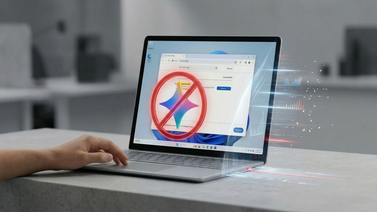 Windows 11 laptop on a table with a hand on keyboard. Display showing Chrome with Gemini block icon