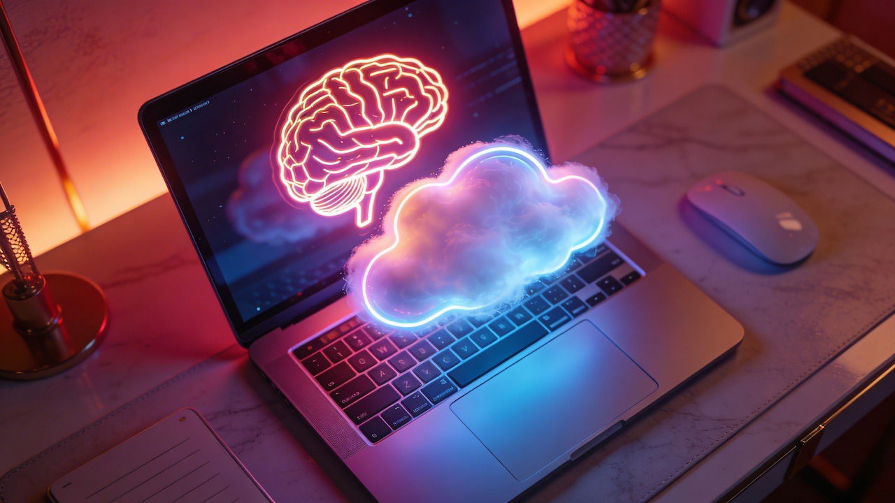 Topdown View Of Tidy Workstation Laptop Displaying Local Brain And Cloud Ai