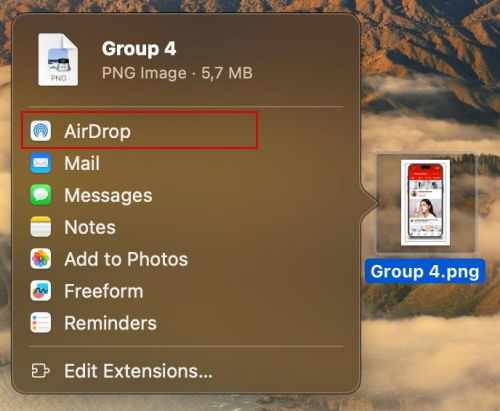 Selecting AirDrop option in context menu for file on Mac. 