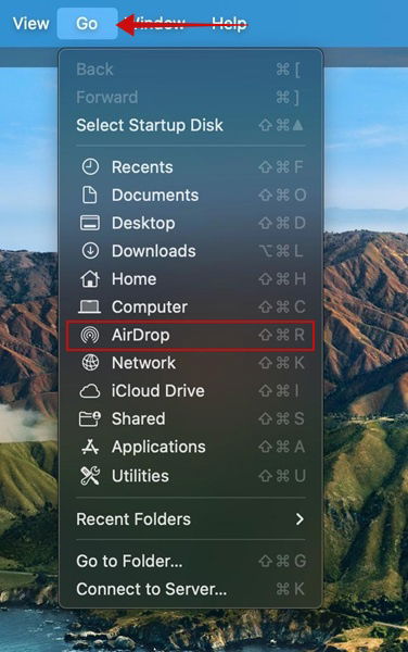 Pressing AirDrop option in Go menu on Mac. 