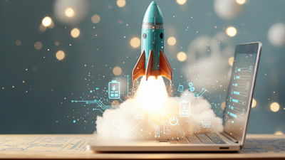 A rocket launching over a laptop with digital power management icons