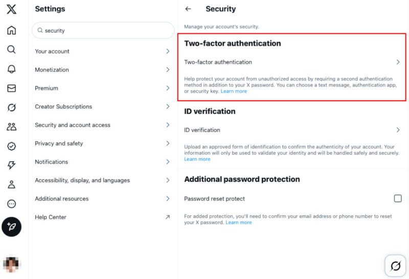 A screenshot highlighting the option for Two-factor authentication in X.