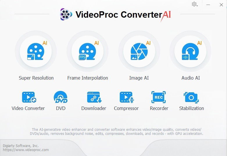 VideoProc Converter AI main screen with all tools listed.