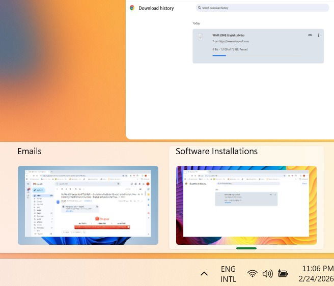 Software installations in a separate virtual desktop window versus emails in the main window.