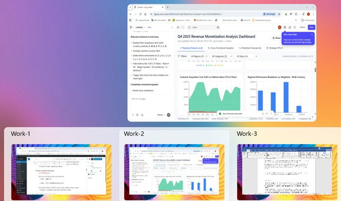 Multiple virtual desktops named "Work" clubbed together.